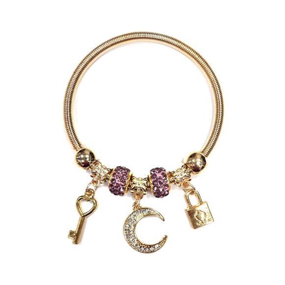 Tigerstars Crescent Moon Key Lock Charms Purple Bead Gold Stretch Coil Bracelet - Picture 1 of 1